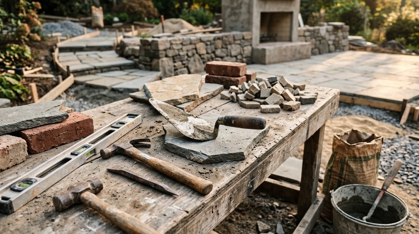 Mason's tools on a workbench