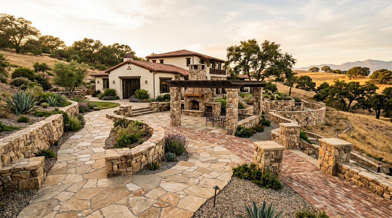 A flagstone patio and low stone wall beside a Santa Barbara home