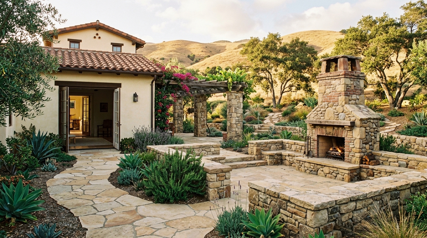 Outdoor fireplace — Stone and brick, with seat wall