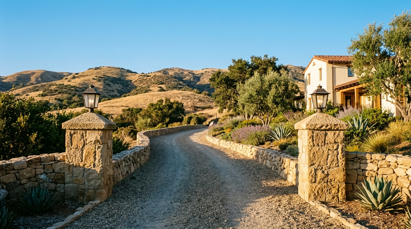 Entry pillars — Cut-stone caps and lanterns
