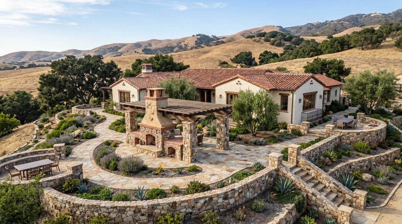 The whole project — Walls, steps, patio, fireplace