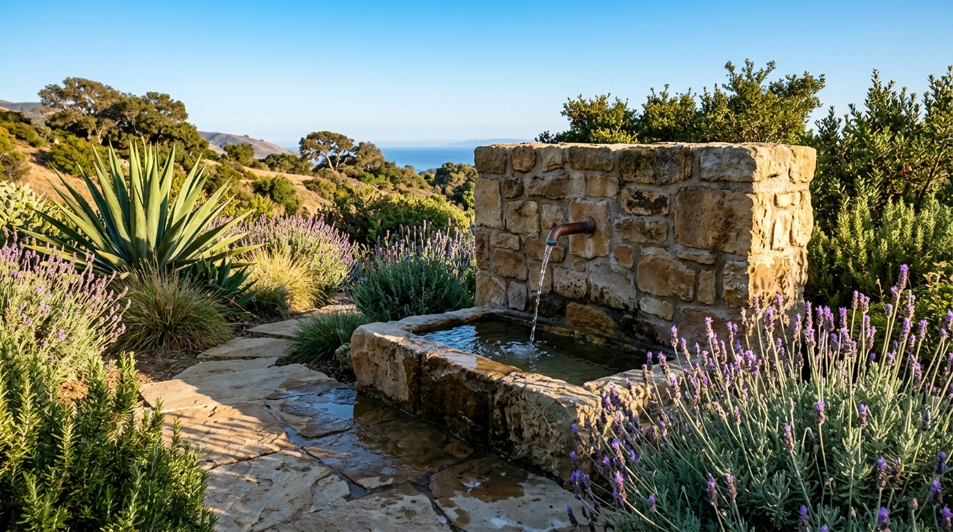 Sandstone fountain — hillside garden